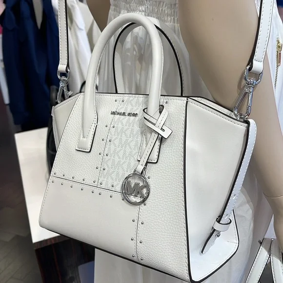 Michael Kors Avril Small Studded Patchwork and Signature Logo Satchel Crossbody - Picture 7 of 16